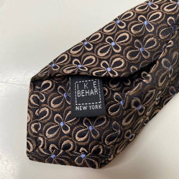 Ike Behar New York Mens Silk Tie Brown Blue Geometric Floral Hand Tailored USA - Picture 6 of 9